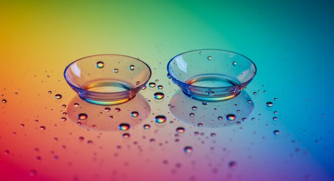 Two clear contact lenses rest on a colorful, wet surface, with small water droplets scattered around them, reflecting rainbow hues.