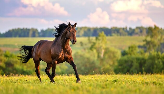 A brown horse galloping across a field at sunset - Powered by Adobe