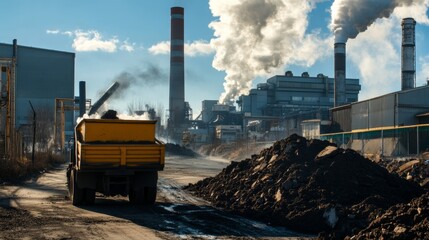Industrial truck operation in urban manufacturing facility heavy machinery pollution smoke daytime setting industrial concept