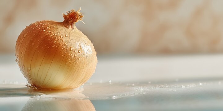Golden whole onion with delicate translucent skin covered in fresh water droplets, placed on a light surface against a softly blurred warm background, creating a fresh and appetizing kitchen scene.