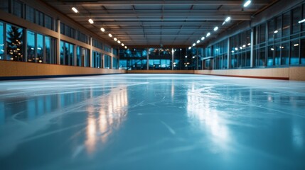 Fototapeta premium Ice skating action on a glimmering indoor rink captured in stunning detail evening setting wide-angle view for enthusiasts