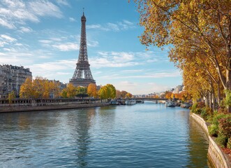 Obraz premium Eiffel Tower vista The Seine River flows past autumn trees with distant buildings under blue skies, showcasing iconic Paris architecture