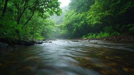 Obraz premium Flowing river amidst lush green forest nature scene tranquil environment serene viewpoint eco-friendly concept for nature enthusiasts