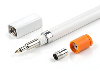Disassembled soldering iron with orange cap and white body on a white surface