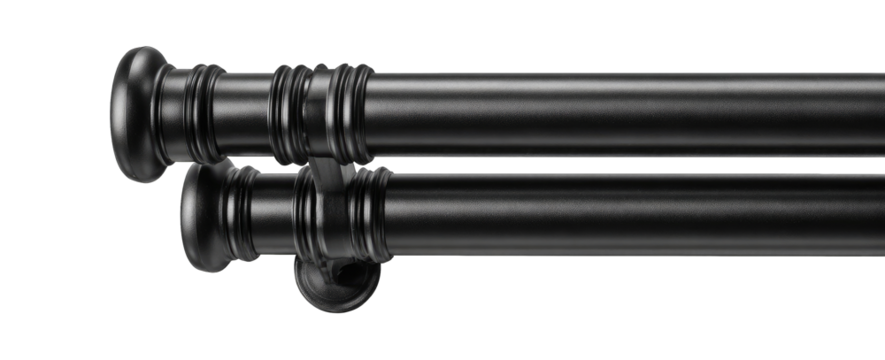Two black curtain rods with decorative finials