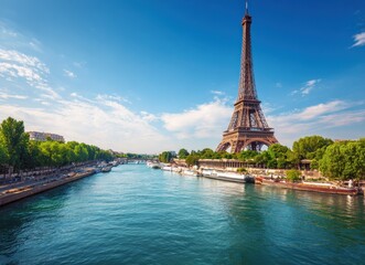 Obraz premium Paris skyline featuring the Eiffel Tower, river and green trees under a sunny blue sky with some scattered clouds on a bright day