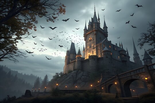 Spooky Vampire Castle at Night Halloween Scene