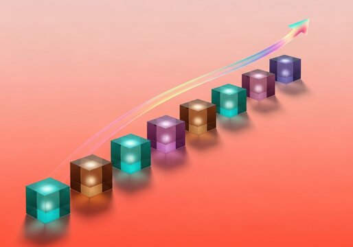 Ascending graph line connecting colorful cubes, symbolizing upward trend and positive financial growth