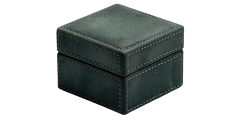 Dark-gray, cube-shaped, leather-like box with stitched edges