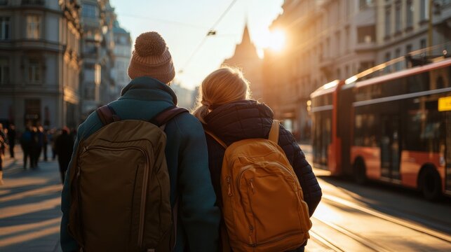 Couple enjoying a romantic stroll at sunset in the heart of the city urban landscape photographic moment intimate viewpoint