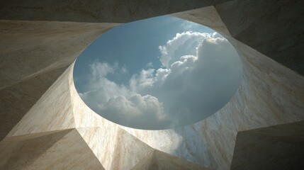Sky view through circular opening in an angular, textured, beige-colored structure; clouds and sunlight visible above