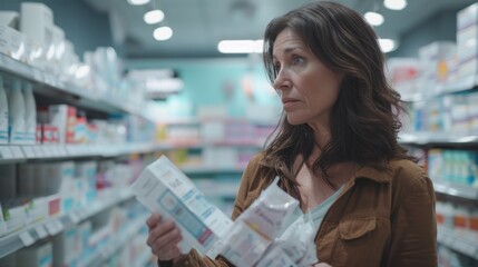 Woman looking at medicines at health food store, A middle age woman, with a indecisive expression in the drugstore buying package in her hands, browsing the products