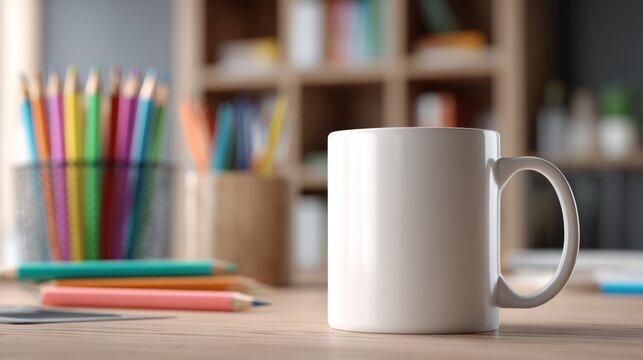 White mug on a wooden desk with colorful pencils and a blurred bookshelf background