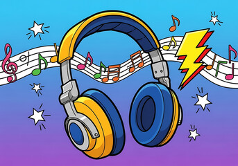 Vibrant cartoon illustration of yellow and blue headphones with musical notes and lightning bolts on a purple background