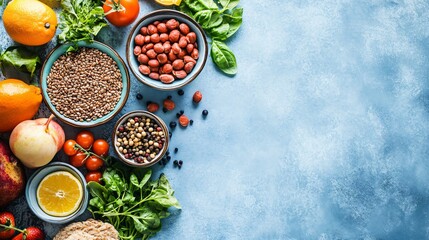 Background for a healthy diet, trendy alkaline diet products - fruits, vegetables, grains, and nuts on a blue background, space for copying