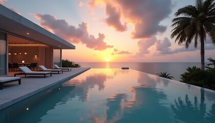 Luxury villa with infinity pool at sunset by the ocean with palm trees