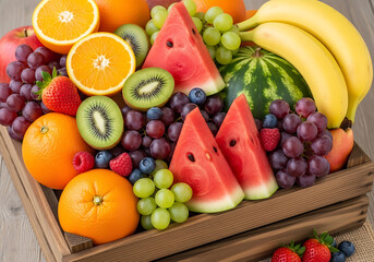 Abundant and vibrant assortment of fresh ripe fruits including watermelon oranges bananas grapes kiwi strawberries and blueberries in a rustic wooden crate