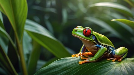 Fototapeta premium Vibrant red-eyed tree frog perched on a lush green leaf in a tropical rainforest setting