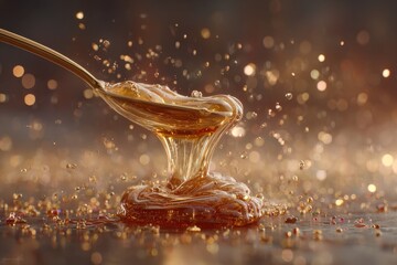 Golden Honey Dripping from Spoon with Shimmering Background