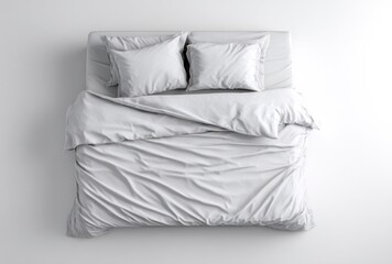 Aerial view of an unmade bed with white linens and fluffy pillows against a white background