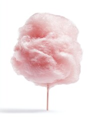 Light, pink cotton candy, puffed and swirled, sits atop a thin wooden stick against a crisp white background