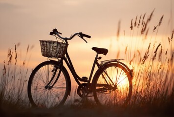 Naklejka premium A silhouetted bicycle with a basket sits amid tall grass against a warm sunset