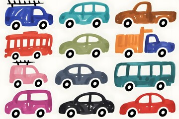 Colorful cartoon cars and trucks arranged in a pattern against a white background