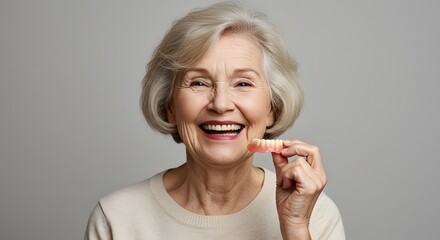 Elderly cheerful gray-haired woman smiling while holding dentures indoors