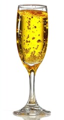 Sparkling yellow fluid fills a glass with bubbles on a white background, creating a fizzy, golden effect