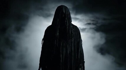 Dark shrouded figure standing mysteriously in fog, veiled in darkness. Suitable for mystery novels, horror designs, or suspensethemed content. 