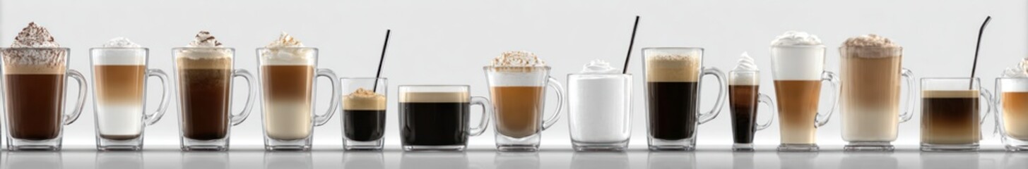 Many glass cups of coffee drinks, including lattes, cappuccinos, and espressos, lined up against a plain background