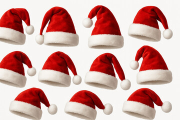 Set of Red Santa Claus Hats Isolated