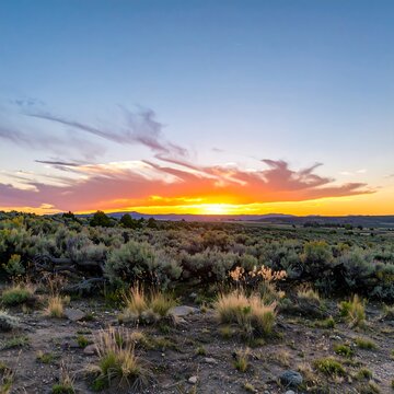 Stunning desert sunset over a low, scrubby landscape