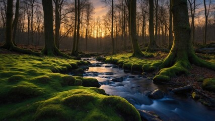 Fototapeta premium Serene forest landscape at sunset with a flowing stream and lush green moss covering the ground