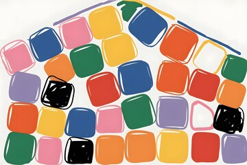 Abstract house made of colorful squares with black outlines on a white background art style
