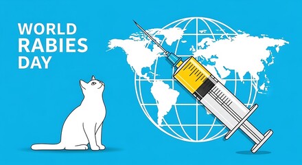 World rabies day awareness with cat, syringe, and globe, promoting global vaccination
