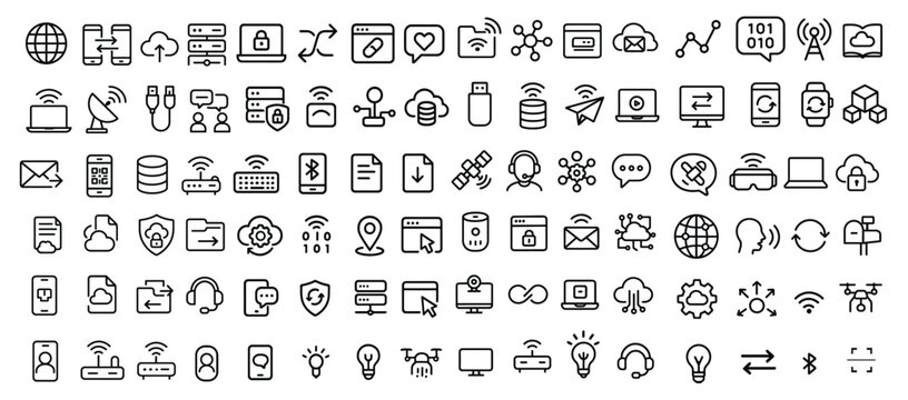 Data communication line icon set. Featuring internet, cloud, connection, network, digital system, sharing, global link, security, and more. Minimalist icons collection. Editable vector illustration. 