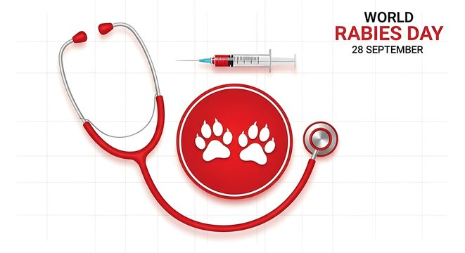 World rabies day celebration with stethoscope, syringe, and paw prints - Powered by Adobe