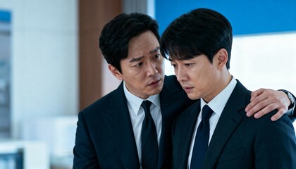 Fototapeta premium Two Men in Suits Sharing a Serious Moment