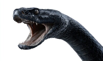 Naklejka premium A dark snake's head, mouth wide open, fangs visible, set against a bright white background