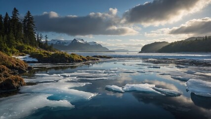 Obraz premium Serene landscape featuring a tranquil lake with floating icebergs, surrounded by mountains and trees