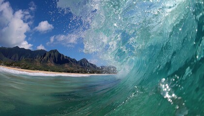 A stunning wave curls over tropical waters with mountains and clouds in the distance, creating a breathtaking ocean view