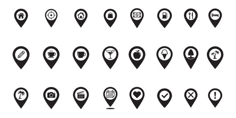 Location pin icon set with diverse point of interest symbols.  