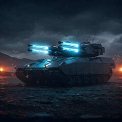 Advanced Military Tank Heavy Artillery on Dark Battlefield Concept