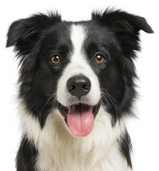 Fototapeta premium Close-up of a smiling black and white border collie with bright eyes and open mouth against a white background
