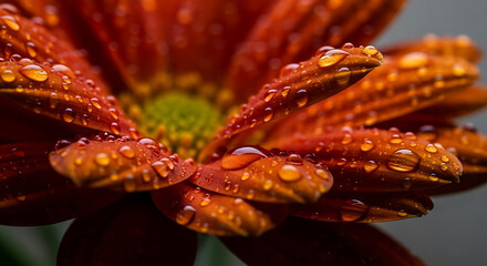 Vibrant macro photograph of a beautiful orange chrysanthemum flower covered in glistening water droplets from morning dew