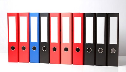 A row of colorful file folders stands neatly arranged against a plain white background.