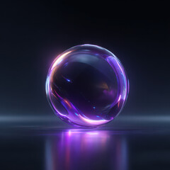 Glowing glass sphere with liquid crystal effect emits vibrant purple and blue light on dark reflective surface, creating futuristic and mysterious atmosphere