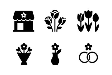 Floral icon collection: flower shop and wedding symbols in silhouette style