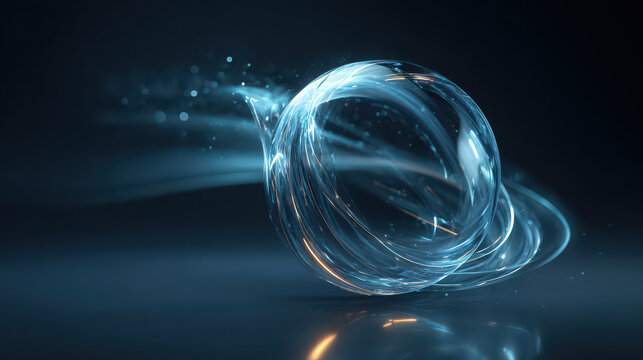 Glowing glass sphere with swirling light trails, transparent crystal ball floating in dark background, futuristic and magical atmosphere, abstract digital art